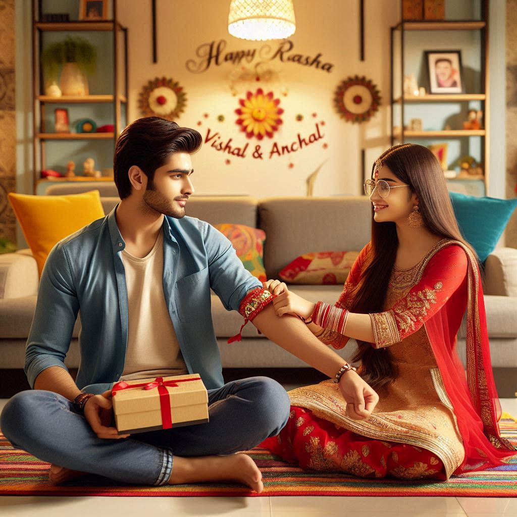 ai rakshabandhan Cute boy and girl are sitting face to face on a colorful mat