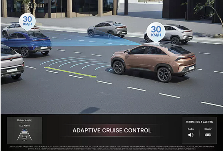 tata curvv adaptive cruise control ,a car driving on a road