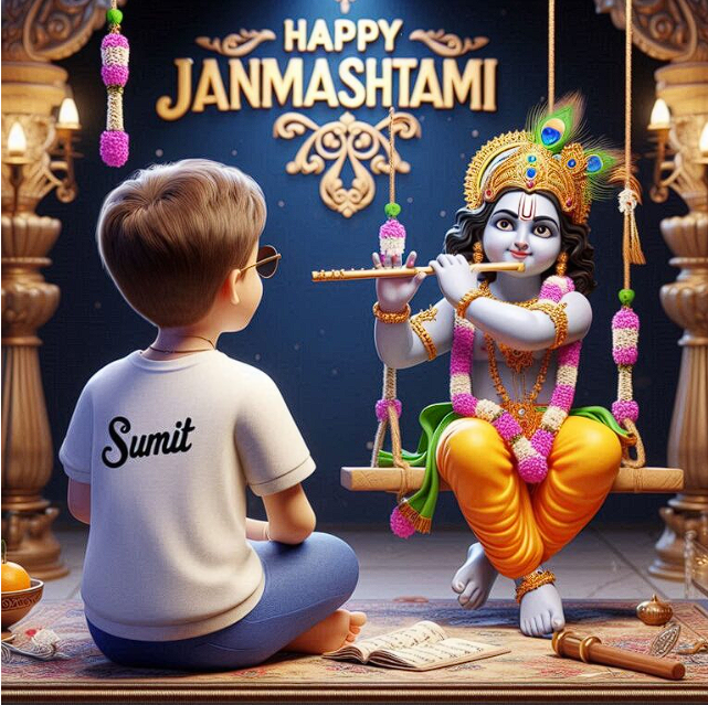 a boy setting fron of krishna on jula